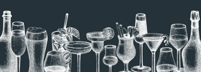 Vector bar design with hand-sketched alcoholic drinks illustration. Vintage bottles and glasses sketch background. Alcoholic beverages retro banner template isolated on chalkboard.